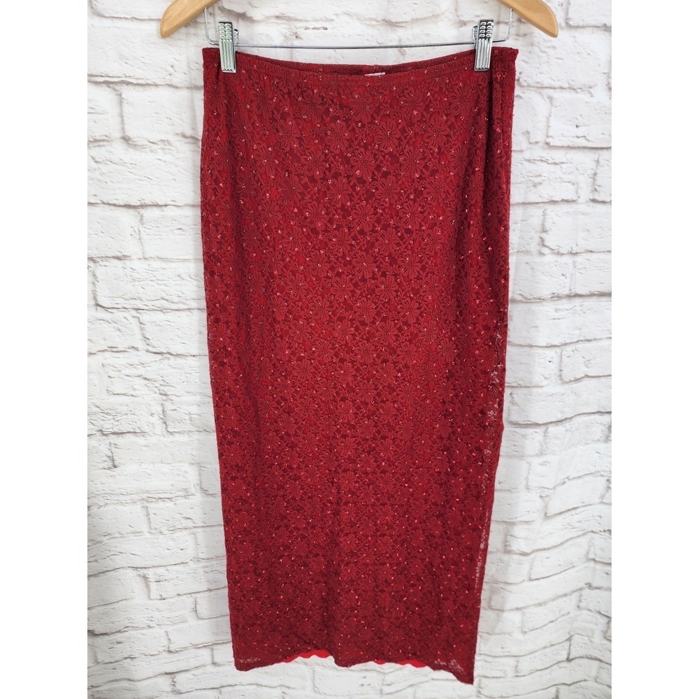 Vintage Y2K Slip Skirt Lace Sequins Fairy Whimsigoth Dark Romance Maxi Red Large